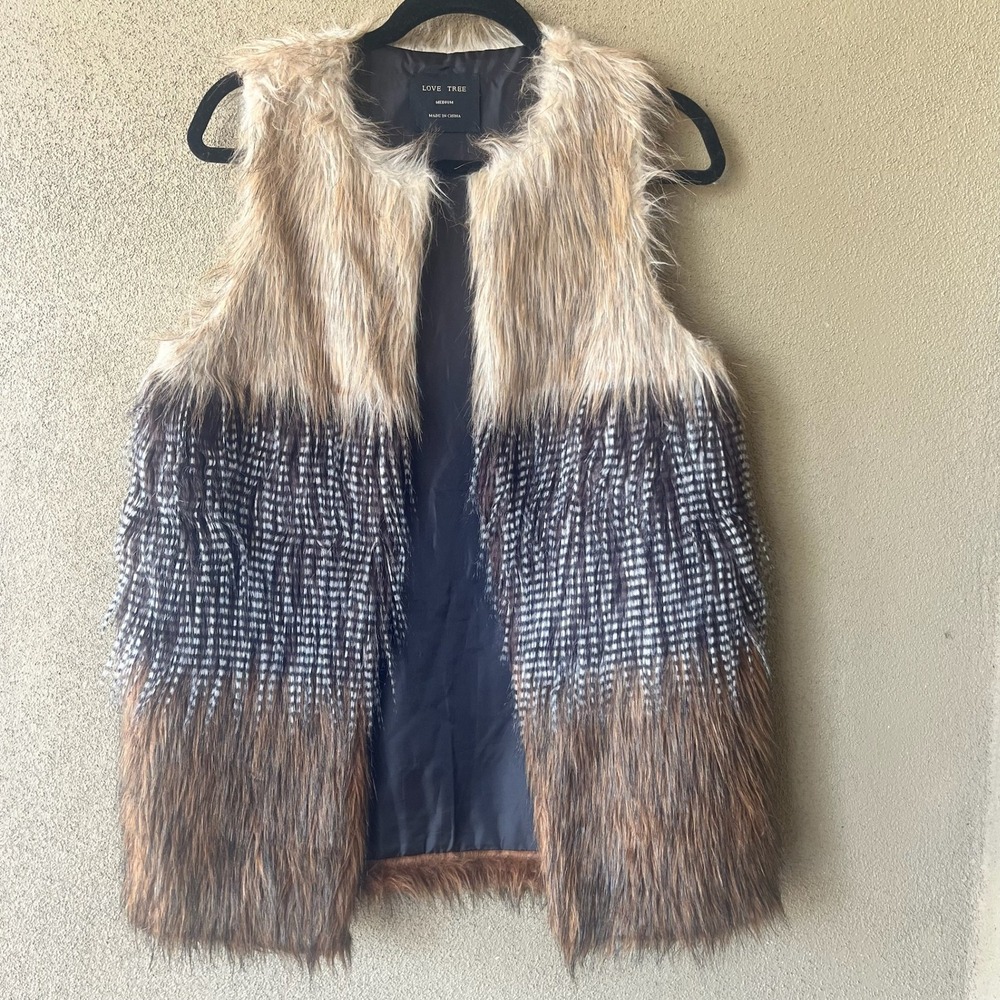 Love Tree Womens Faux Fur Vest Tiered Colorblock Brown Tan Halloween Medium